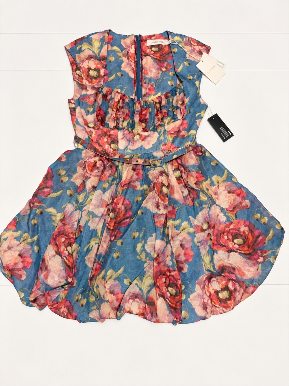 Zimmermann Blue Floral Dress with Pink and Red Blooms
